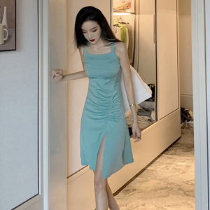 Fashion small fresh temperament split thin solid color versatile dress