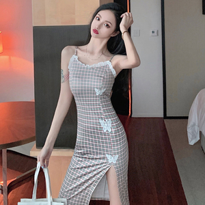 Plaid SEXY LACE SLING slit show thin dress