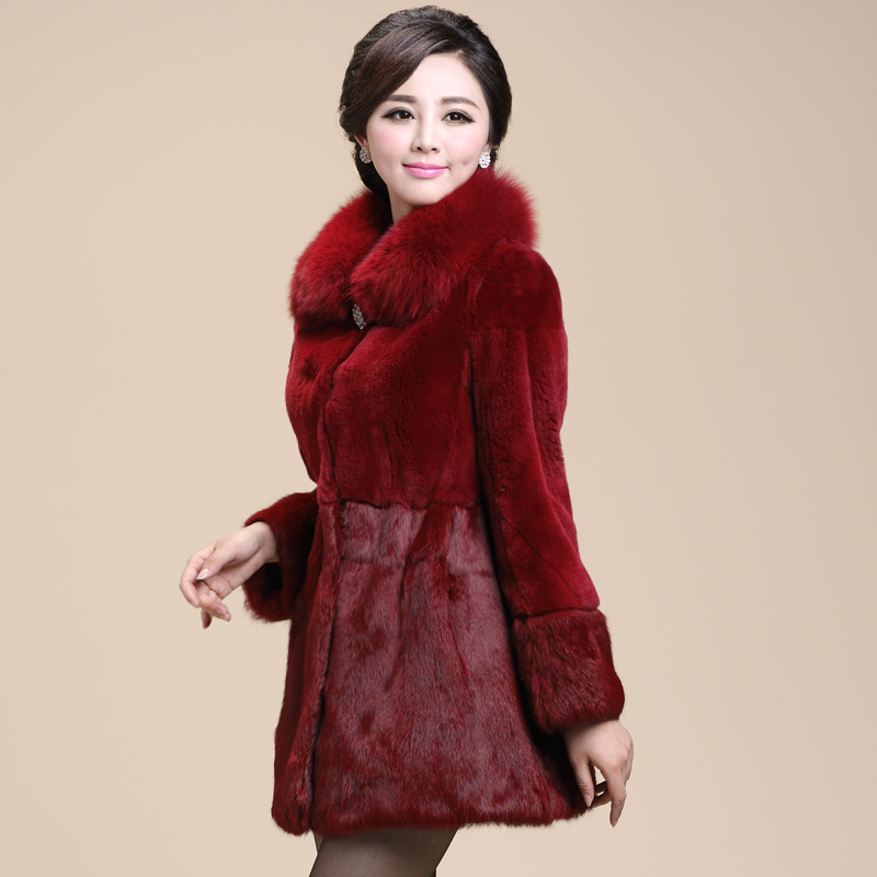 Special Price Clearance Barn Autumn Winter High-end Leather Grass Great Coat Quality Whole Pirex Rabbit Plush Fox Fur Collar Woman Medium Long Version Coat