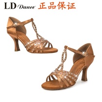 LD Latin Dance Shoes Female Adults Soft Thick Bottom Medium-high Heel Inlaid Drill Performance National Standard New Dance Shoes