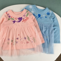 90-140 womens treasure pure cotton long sleeve T-shirt mesh yarn dress hem girl princess pattern sleeve head blouses for spring and autumn
