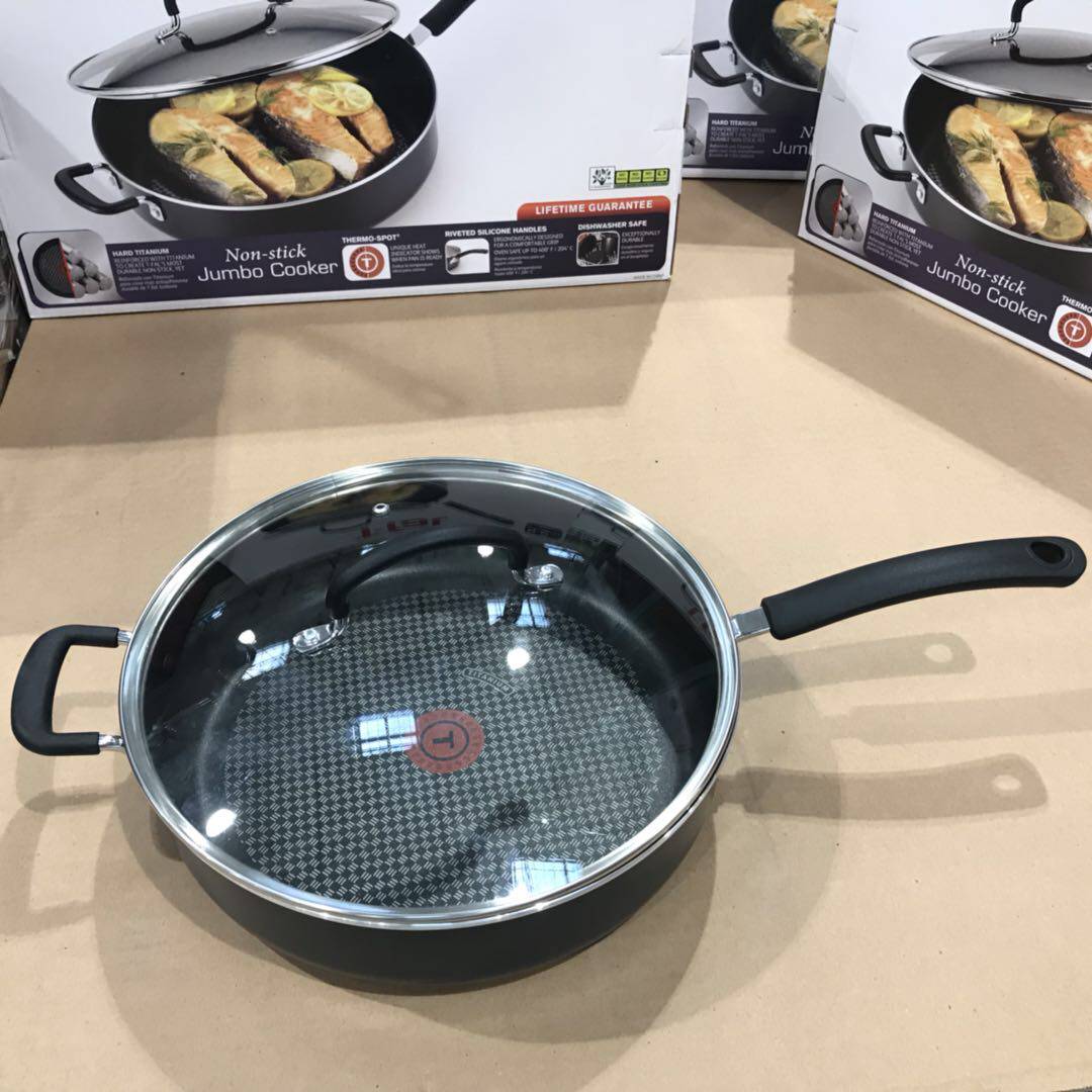 美国直邮t-fal铸红点平底不粘锅煎炸炒5.2l 带锅盖