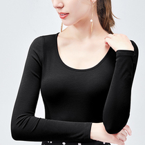 Early spring womens wear cotton long-sleeved T-shirt tight top Simple round neck black base shirt Womens wild short T-shirt