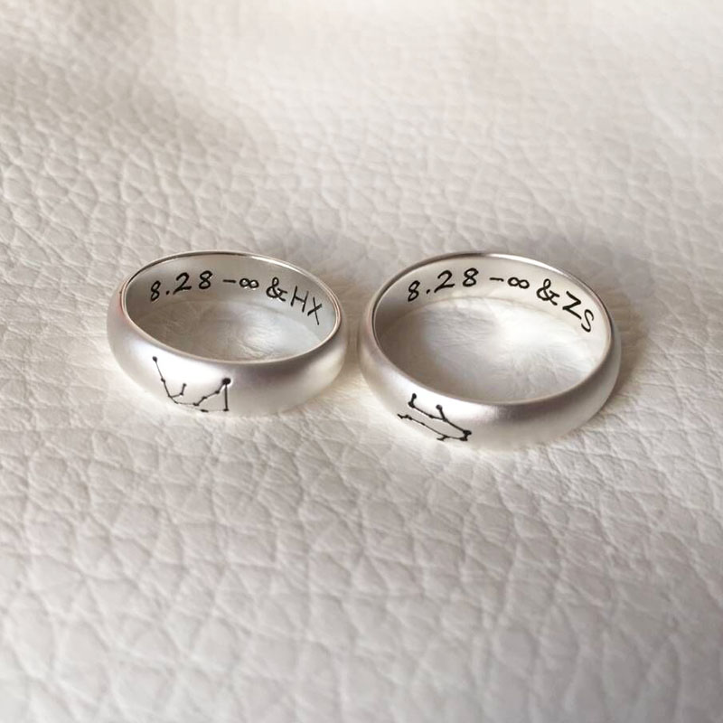 纯银定制弧面星座图案刻字戒指生日礼物男女情侣款指环对戒简约