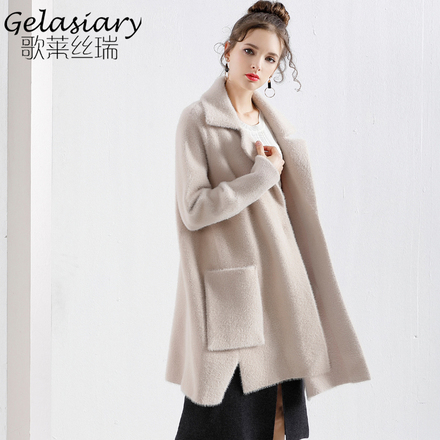 气质翻领仿狐狸绒仿貂绒毛衣针织中长款女士秋