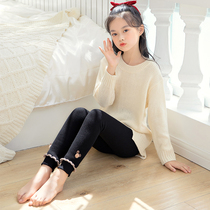 Girls plus velvet pants autumn and winter wear cartoon ankle-length pants foreign style children warm baby leggings