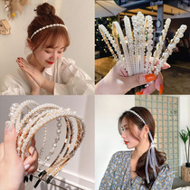 Net Red Pearl wide hair hoop Korean version of face washing rhinestone head hoop bow braided hair ribbon retro hair bundle fairy hair accessories