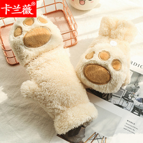 Bear paw cartoon plush gloves female winter flip half finger Korean version of Joker plus velvet thickened warm riding writing tide