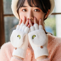 2019 new gloves winter female half-finger cute Korean version of the tide cartoon student writing clamshell velvet thickened warm