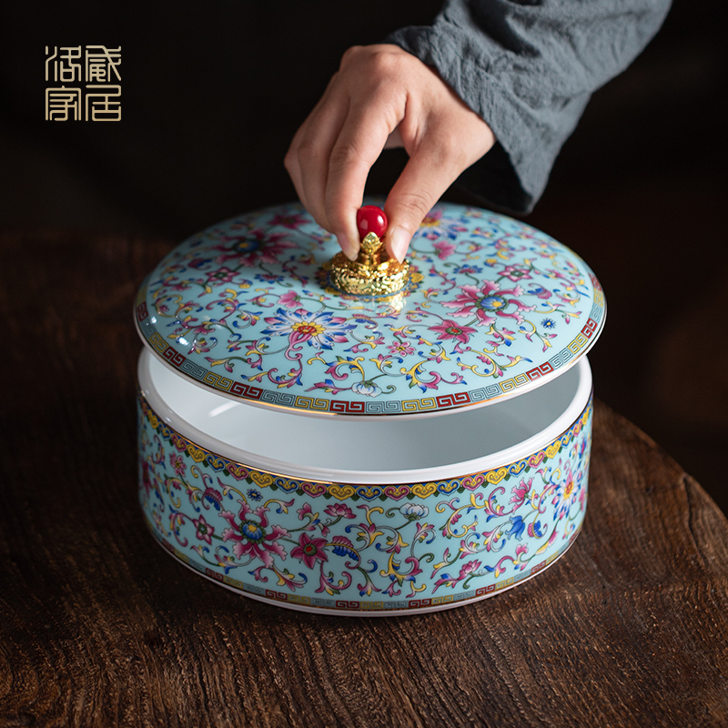 The colored enamel caddy fixings jingdezhen ceramic seal pot of tea cake storage tanks boutique gift boxes aneroid jar