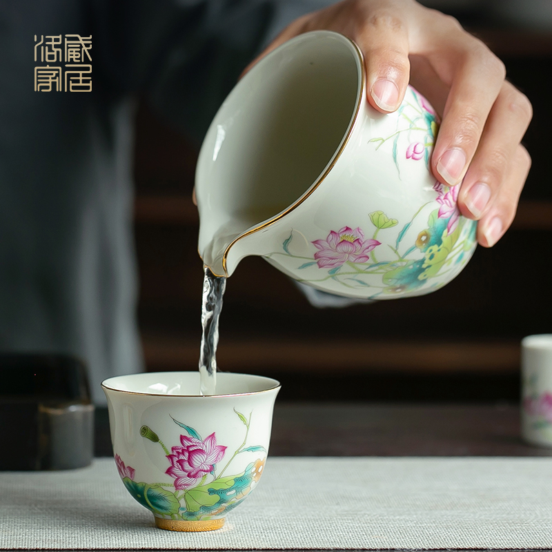 Blower, pastel lotus tea set household of Chinese style of archaize ceramic high - grade kung fu lid bowl of a complete set of tea cups