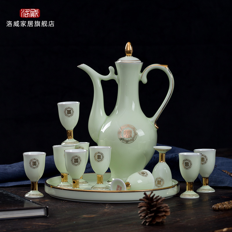 Jingdezhen wine suits for ceramic celadon home court of a complete set of antique Chinese jade porcelain paint jar of wine cup