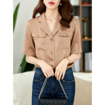 UJIA 30MM encrypted heavy weight satin shirt 2021 new autumn tooling wind half sleeve V collar foreign style coat women