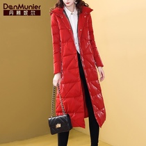 Dumnell red long down jacket womens winter clothes 2021 new knee fashion slim glossy coat