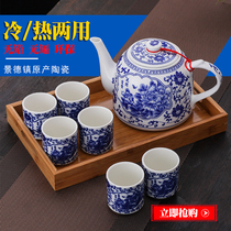 Ceramic large capacity high temperature tea cold water kettle Large household Chinese blue and white hotel large teapot teacup set