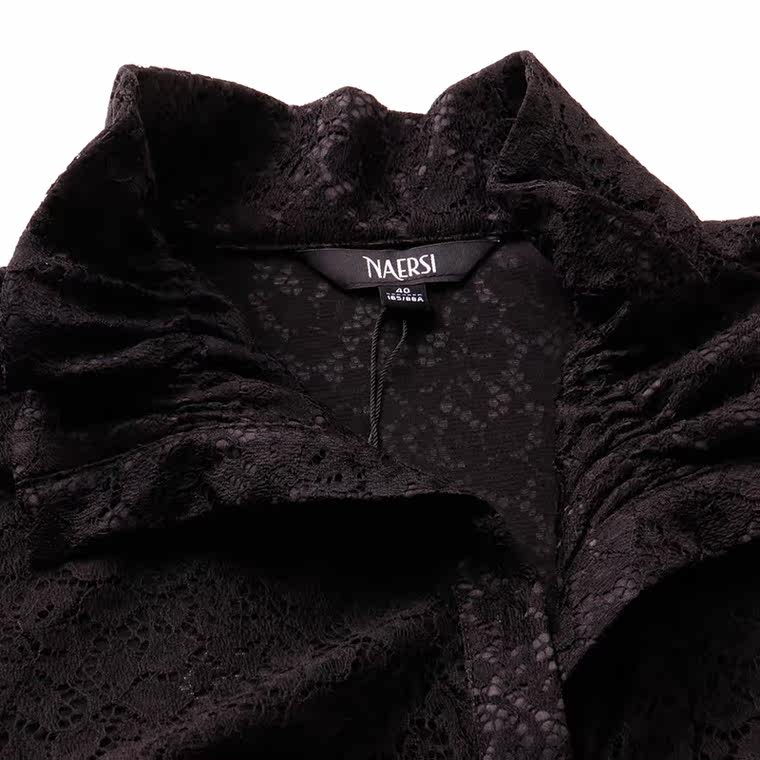 NAERSI/娜尔思2015秋新款女装纯色修身显瘦镂空中长款长袖蕾丝衫