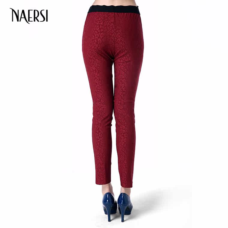 NAERSI/娜尔思2015秋新款 红色 提花 松紧腰头 弹性显瘦 小脚裤