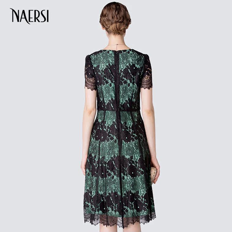 NAERSI/娜尔思2015夏装新款不规则条纹雪纺连衣裙圆领短袖假两件