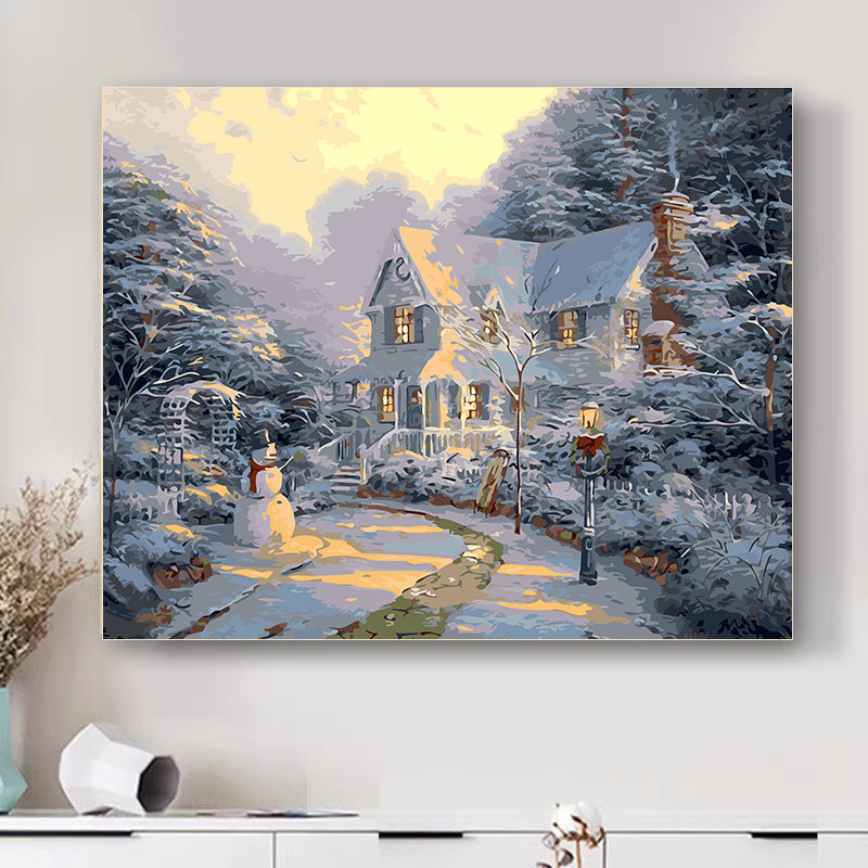 雪景色 油彩画 画画填色diy数字油画圣诞节雪景雪人冬天风景解压手绘装饰油彩画