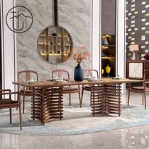 Brief new Chinese solid wood high-end dining table and chairs combined rectangular one table six chairs Zen creative tea table and chairs customized