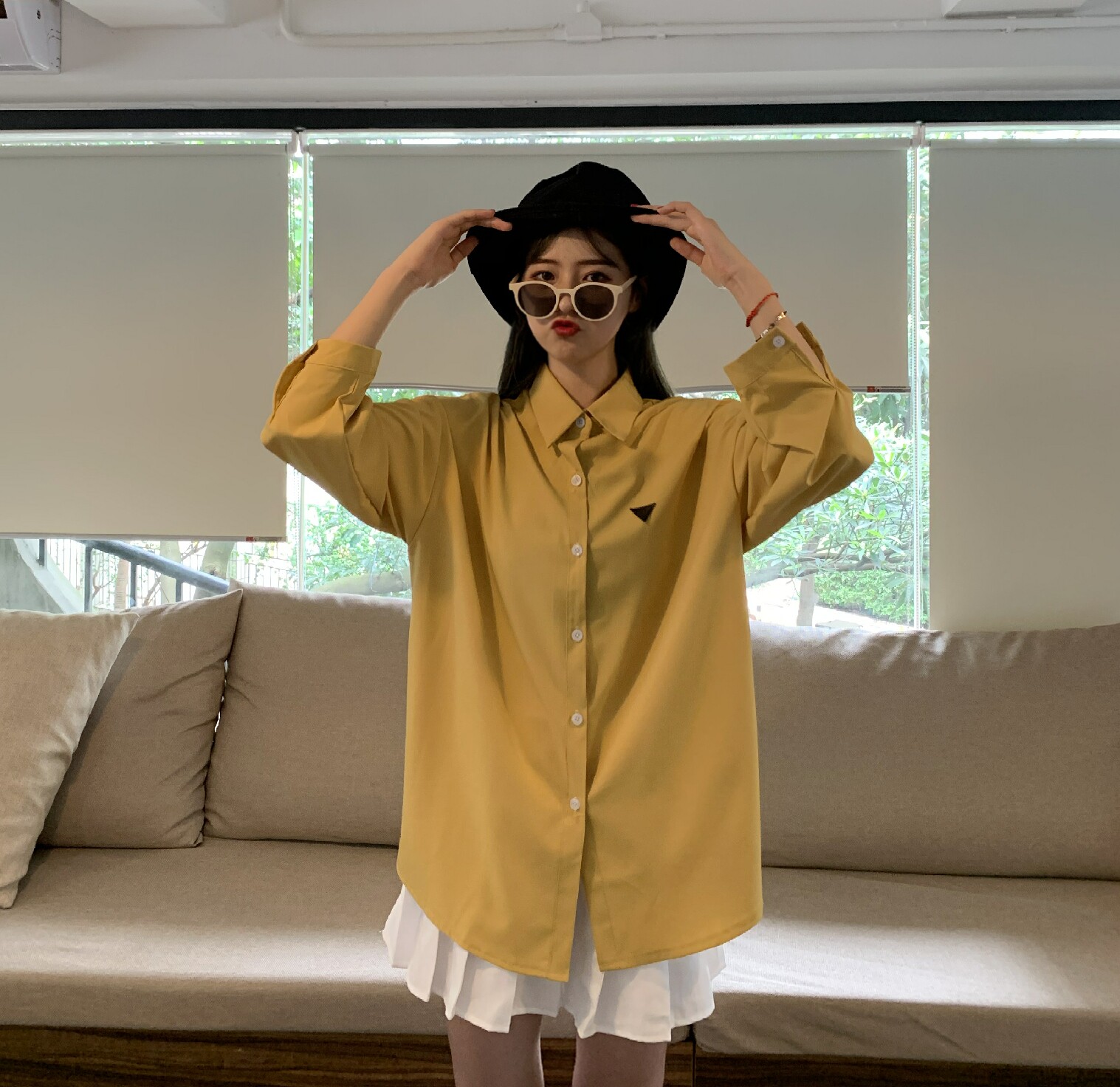 肉完 复古港味牛油果色衬衫女夏设计感小众中长款长袖防晒衬衣潮