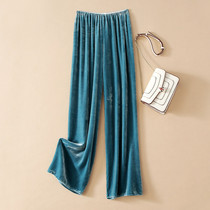 2021 new female fashion elastic waist loose straight long trousers hanging color silk velvet wide leg pants