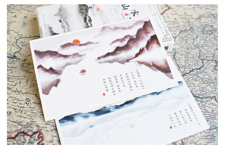盒装古诗词明信片唯美中国古风文艺简约动漫小清新夜光学生贺卡片