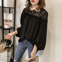 Large size womens 2021 new long sleeve T-shirt fat mm lace top female Korean version 200 Jin loose base shirt