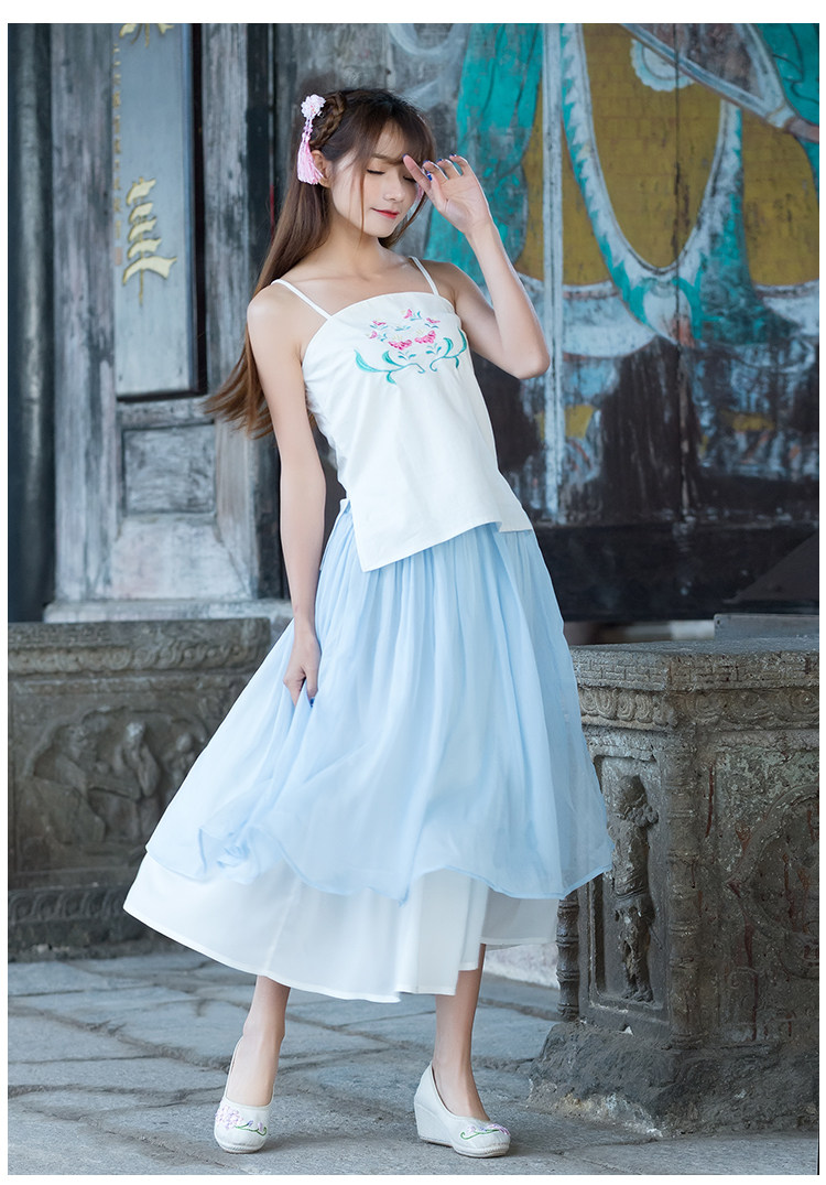 实拍2017新款民族风绣花汉服吊带抹胸棉麻打底上衣 浅蓝色 xl