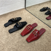 Net red Tongan flat bottom head drag woman outside wearing INS ultra fire 100 lap metal buckle sloth person square head lacquered leather slippers