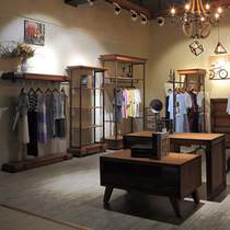 Retro Jane Ou Cube on the wall side hanging clothing store mens and womens solid wood hanger display stand on the ground retro horizontal bar shelf