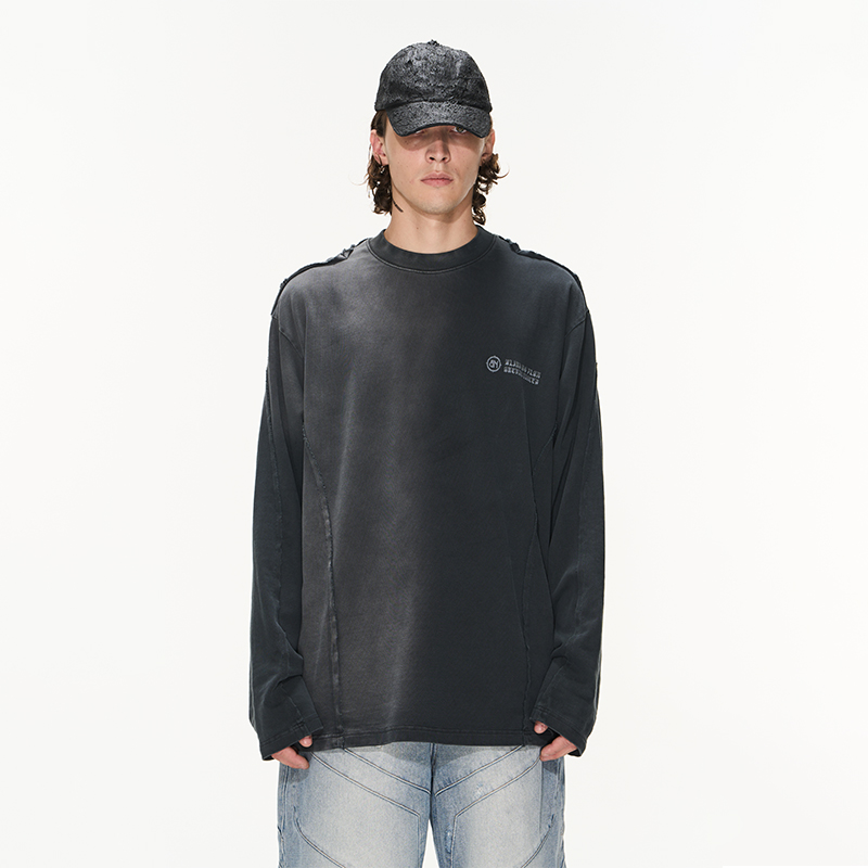 【定金】BLINDNOPLAN 23AW 毛边拼接渐变水洗渐变宽松纯棉长袖T恤