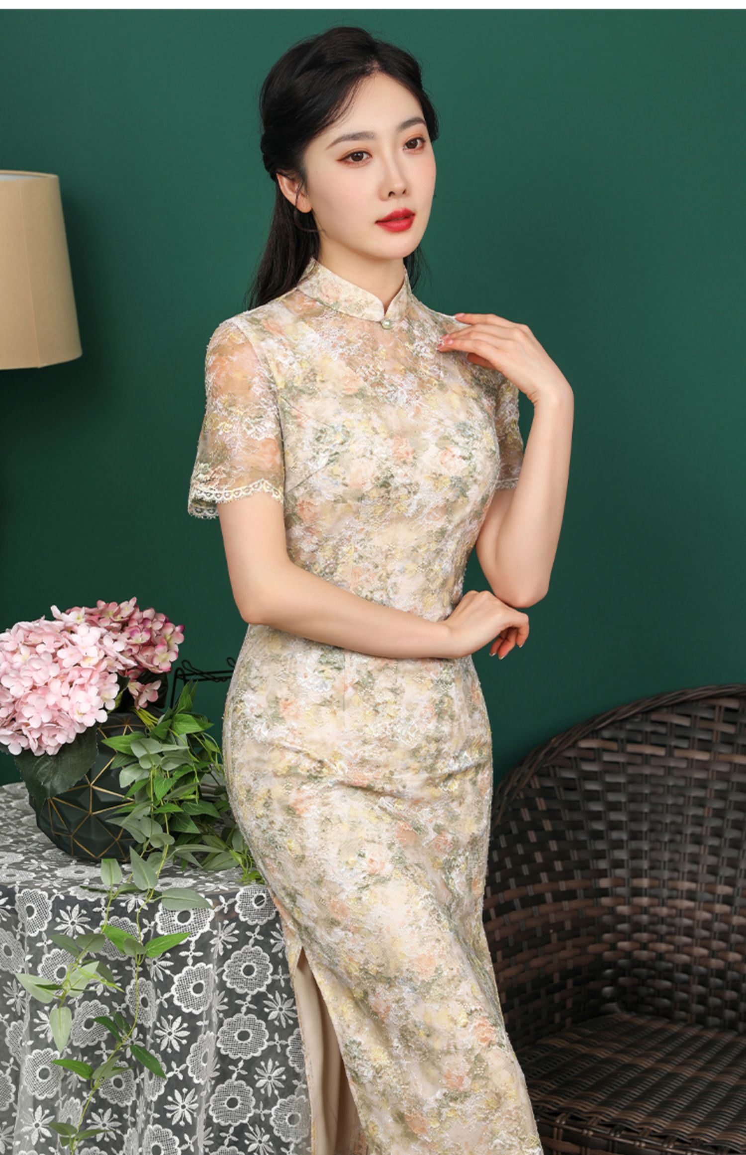 蝶恋吟芷茵 春夏高档蕾丝印花旗袍年轻款日常可穿崔万志旗袍 女