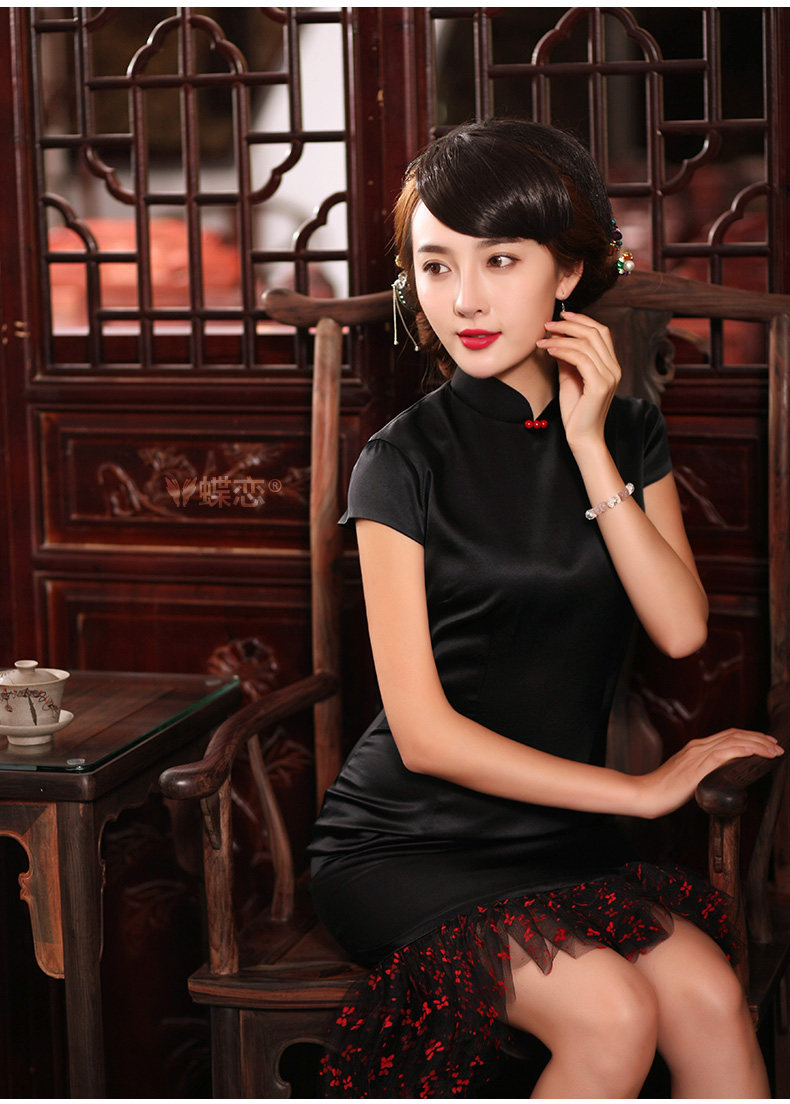 蝶恋2017 秋装新款改良时尚拼接旗袍连衣裙 包臀修身真丝礼服旗袍