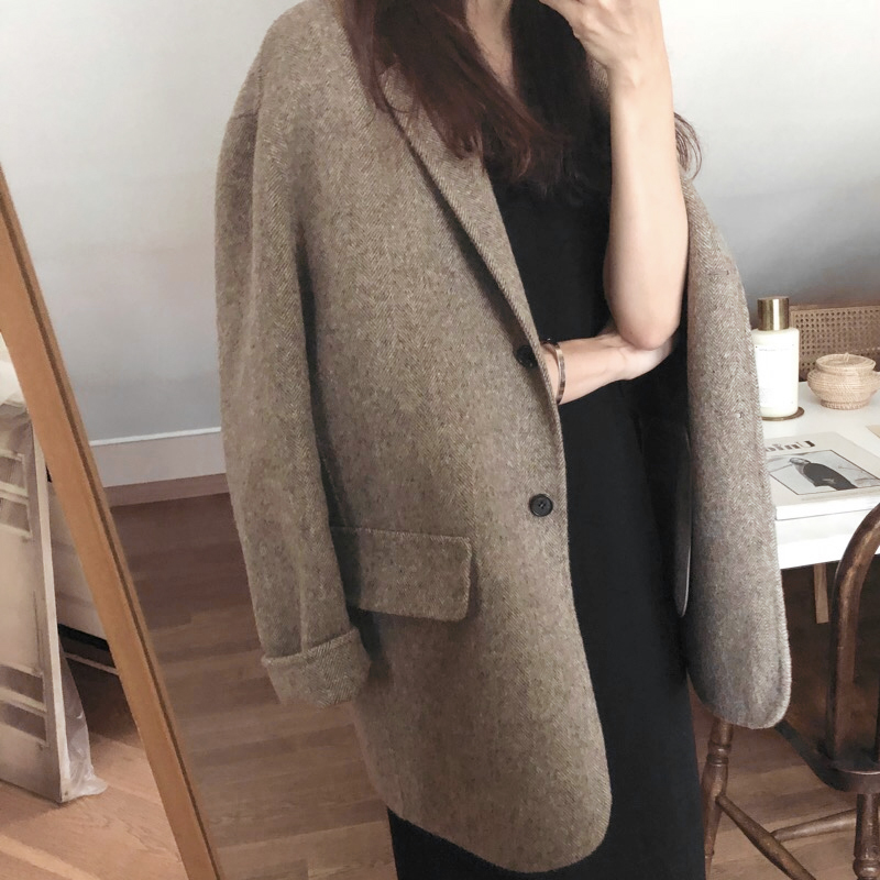2022 Korean autumn double-sided woolen suit women chic retro loose thick woolen suit jacket