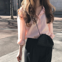 2021 Spring and Autumn New Korea loose solid color casual shirt female temperament Joker long sleeve niche pink top