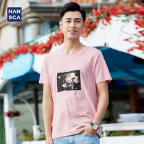 Hanska 2021 Summer Floral Print Short Sleeve T-Shirt Mens Cotton Crewneck Pink Tide Brand Mens Primer