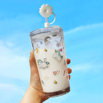 Korean version of the cute glass female student straw trend Forest department small fresh milk tea ins breakfast cup Milk water cup