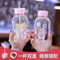 Cute glass female student large capacity creative portable straw household tea handy fresh childrens water cup