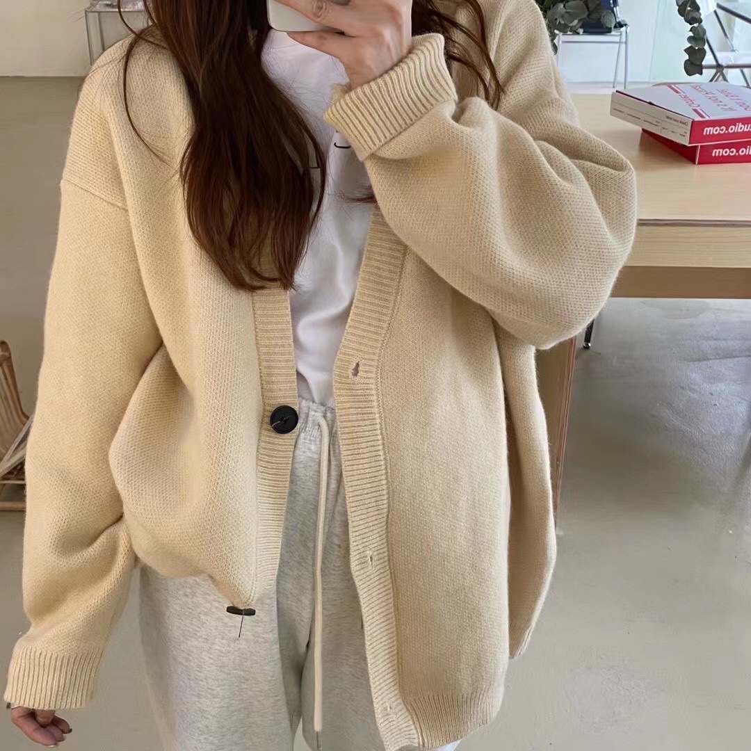 迷人绣花休闲外套 中长款简约v领针织开衫慵懒纯色大码毛衣女厚