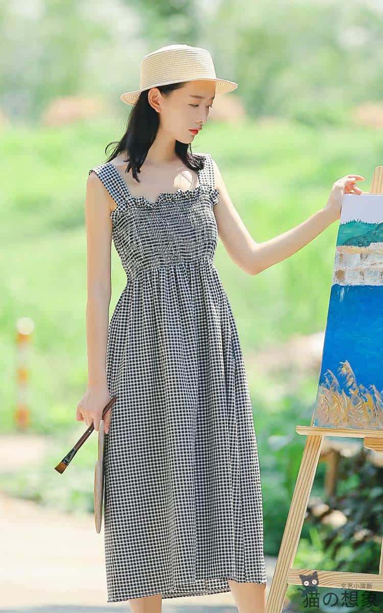 猫的想象 格子吊带连衣裙2018夏新款女文艺小清新无袖中长裙学生