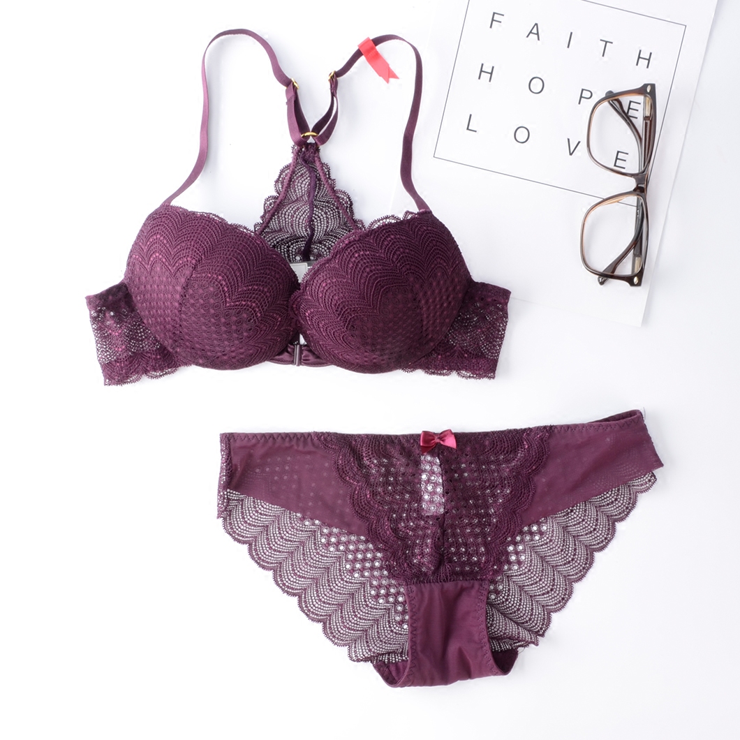 天天特价三角形美背前扣防滑聚拢女士内衣性感蕾丝文胸罩内裤套装