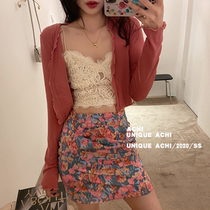 ACHI Daye pool ice silk knitted cardigan womens slim short thin jacket Rose red sunscreen long-sleeved base shirt