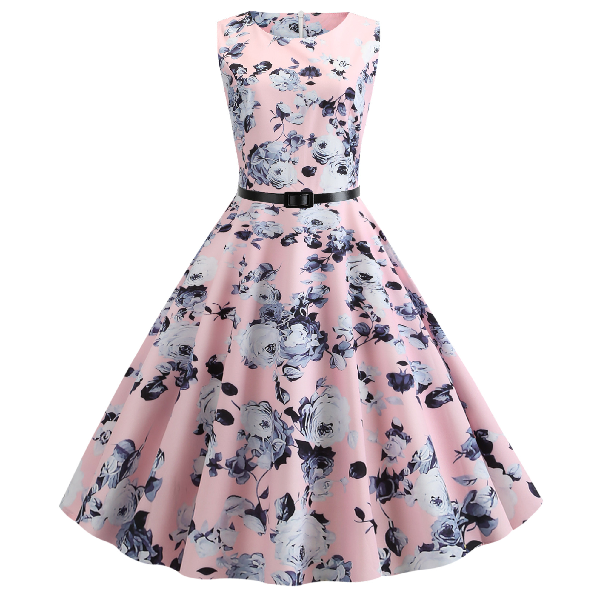 实拍ebay速卖通爆款复古赫本风收腰显瘦印花大摆连衣裙送皮带