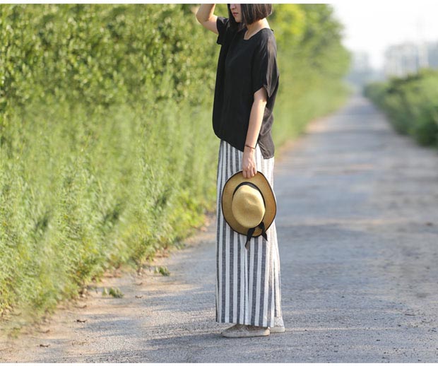 竖条纹阔腿裤亚麻裤子 女夏棉麻裤子长裤