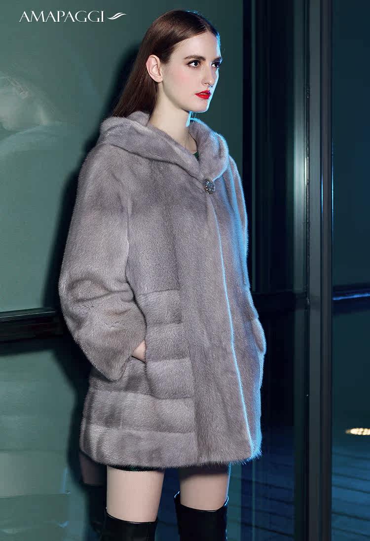 amapaggi 2016蓝宝石水貂帽款新款水貂长款连帽貂皮大衣正品女冬