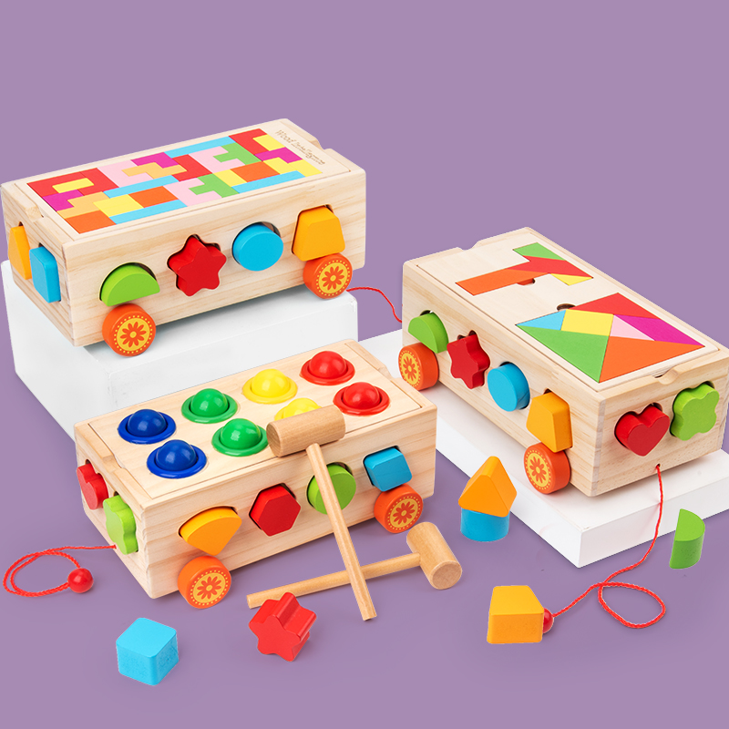Children's drag rotating train building blocks Kindergarten baby boys and girls early education puzzle learning digital mother toys