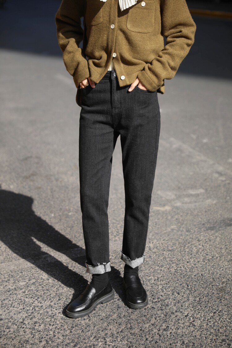 黑科技防掉色深色毛边拉毛牛仔裤女 翻边高腰显瘦直筒长裤