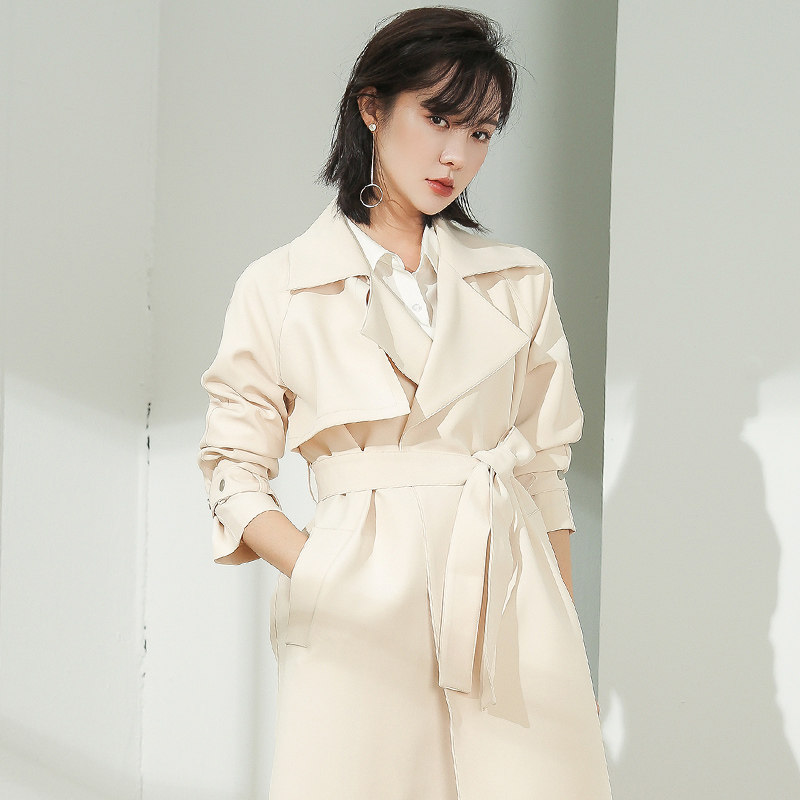 米白色风衣女中长款韩版春季2017新款长过膝蝴蝶结