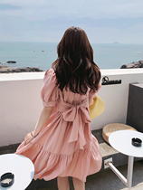 Pink Tandem Dress Sharia Style Retro Platycoon Back Butterfly Knot cashew with waist lantern sleeves sweet and beautiful bubble sleeves Dairy